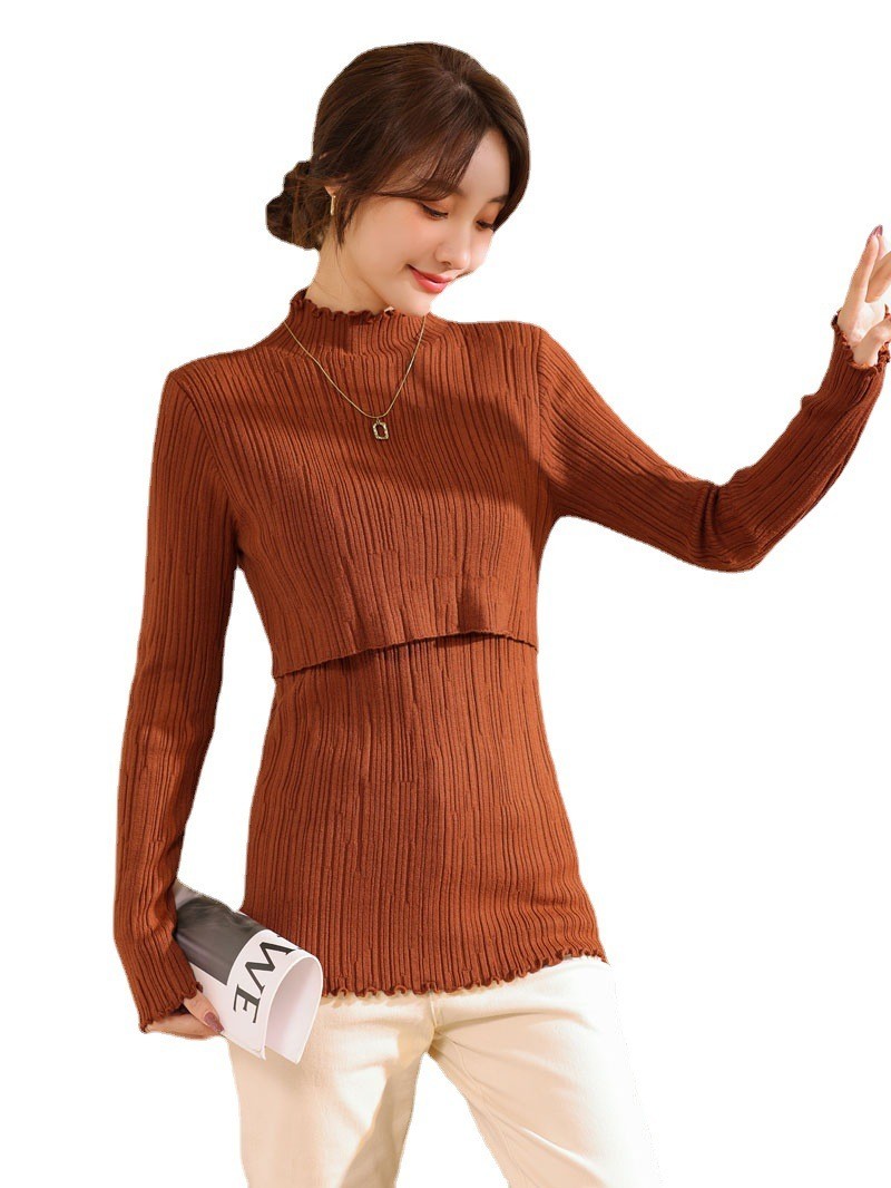 秋冬加厚木耳领哺乳毛衣产后辣妈百搭保暖打底喂奶衣洋气孕妇装图5