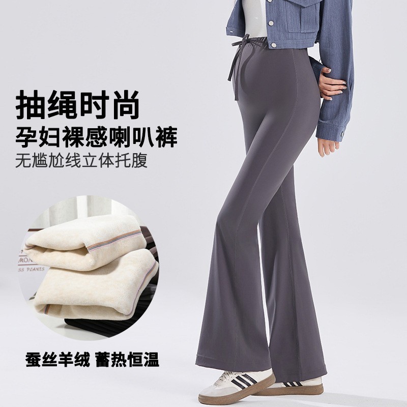 孕妇裤冬季加绒保暖鲨鱼皮外穿喇叭裤抽绳高腰托腹设计时尚孕妇装图2