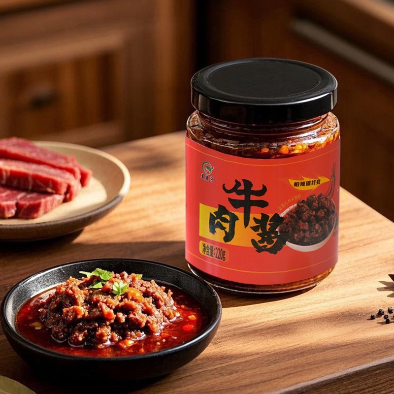 源头厂家牛肉酱220g瓶装拌面拌饭会销品商用家用调味牛肉酱图2