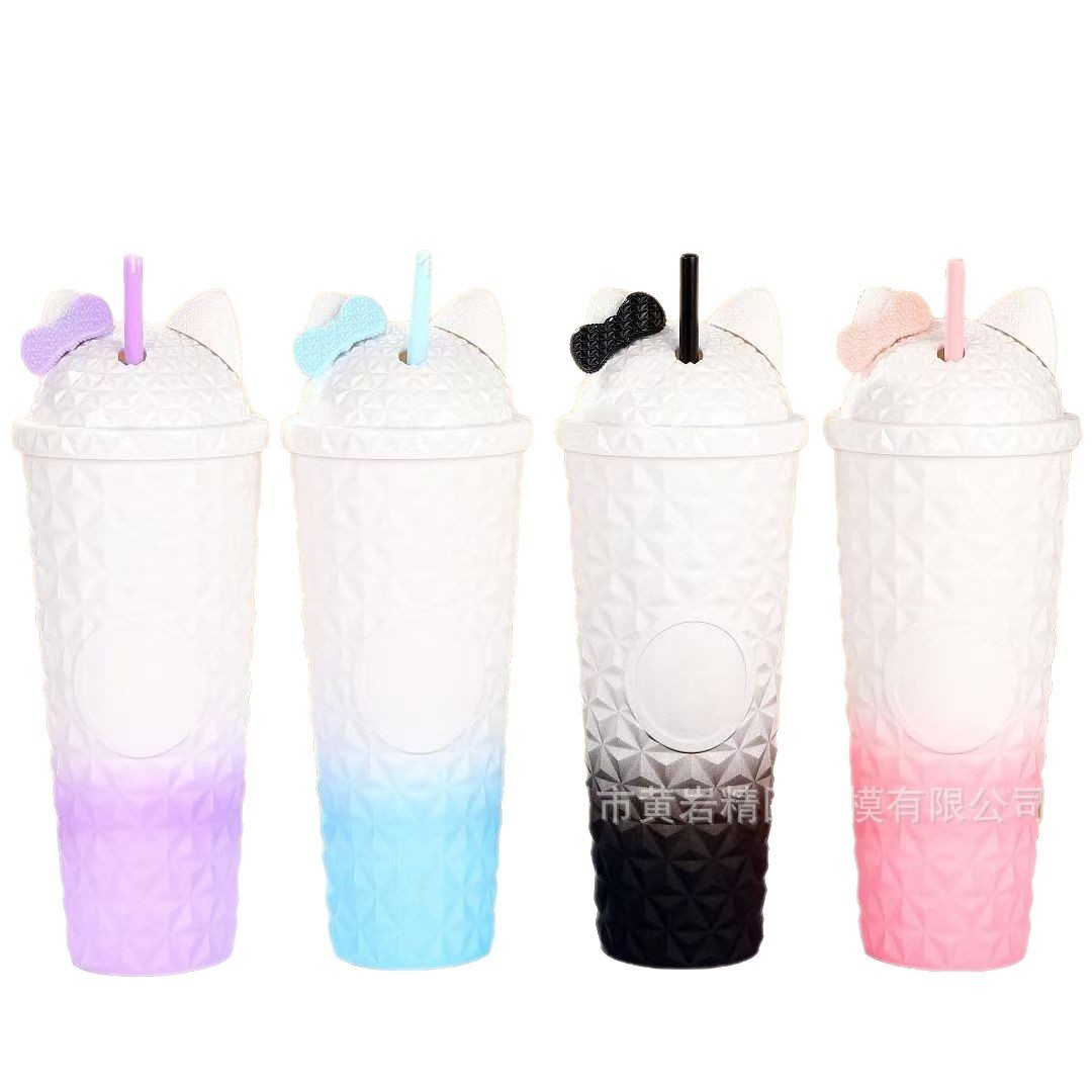 猫耳钻石纹吸管杯炫彩钻石纹双层塑料杯渐变菱形格纹吸管杯模具图5