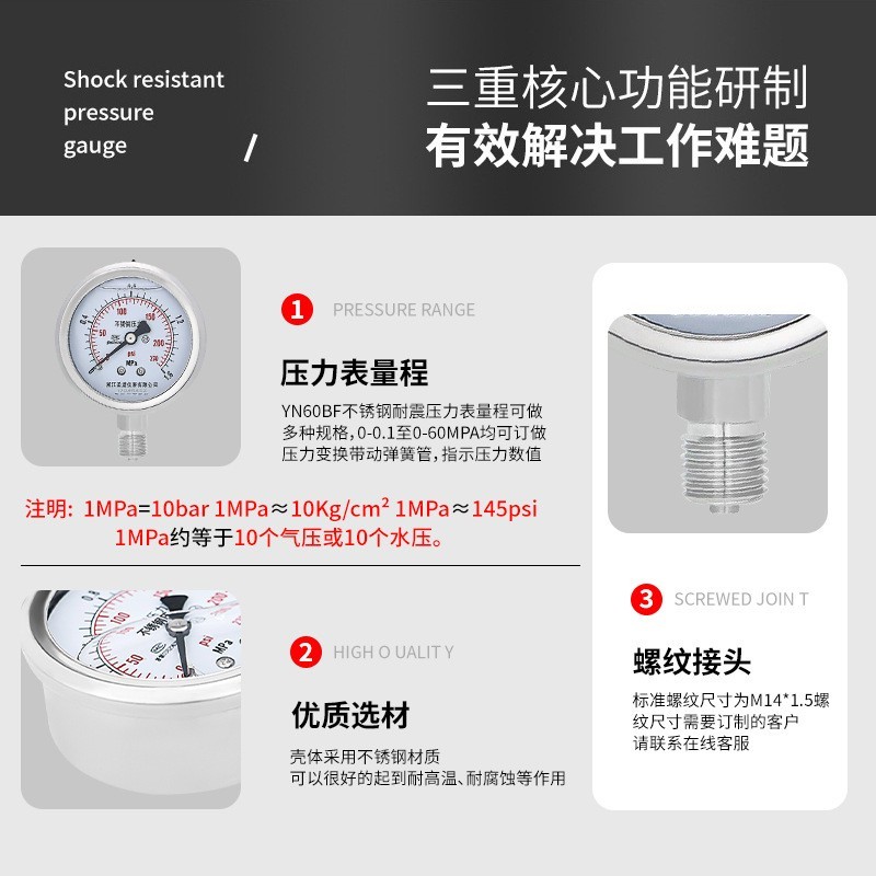充硅油耐腐蚀耐高温耐低温 英制螺纹2分不锈钢耐震压力表图3