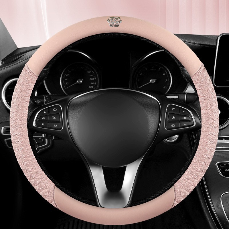四季通用汽车方向盘套山茶花网红防滑透气d型车把套装饰女款图4