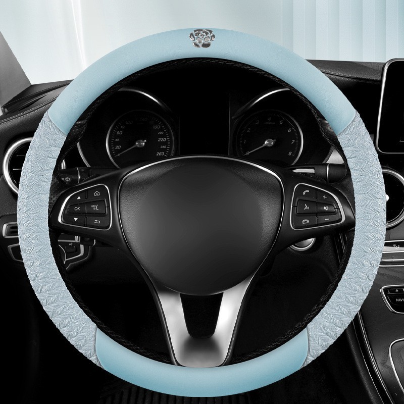 四季通用汽车方向盘套山茶花网红防滑透气d型车把套装饰女款图3