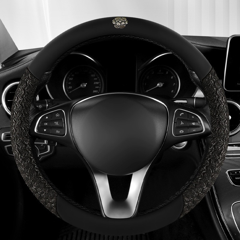 四季通用汽车方向盘套山茶花网红防滑透气d型车把套装饰女款图2