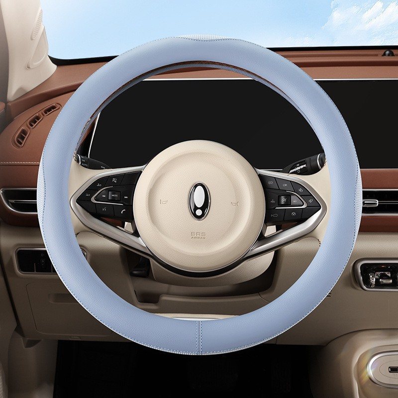 跨境新款肤感皮方向盘套拼接透气网布四季通用高级感车载防滑把套图4