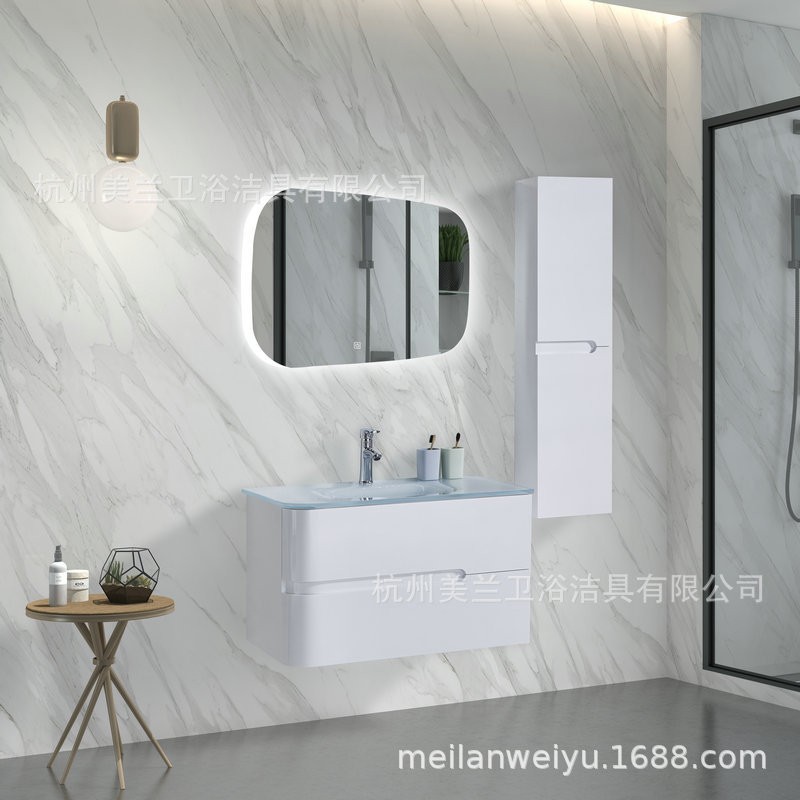简约现代卫生间浴室柜组合钢化玻璃洗漱玻璃盆LED多层板浴室镜柜图4