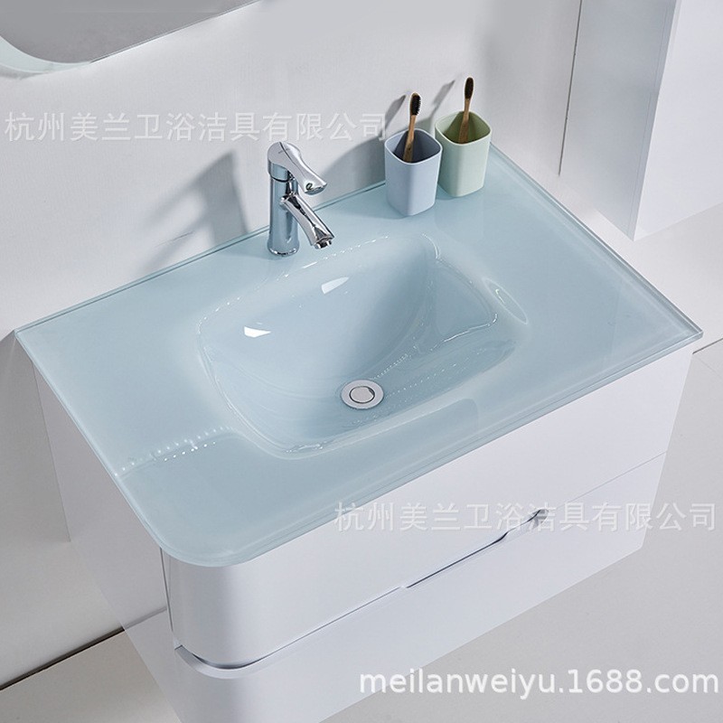 简约现代卫生间浴室柜组合钢化玻璃洗漱玻璃盆LED多层板浴室镜柜图3