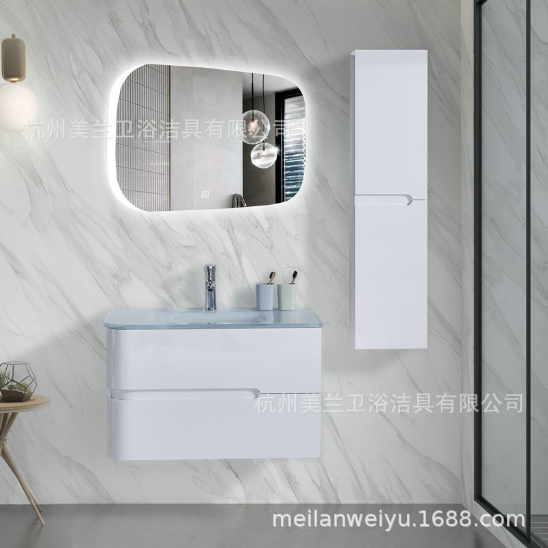 简约现代卫生间浴室柜组合钢化玻璃洗漱玻璃盆LED多层板浴室镜柜图2