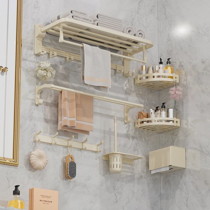 免打孔奶油风毛巾置物架卫生间奶白色浴巾架浴室卫浴五金挂件套图2