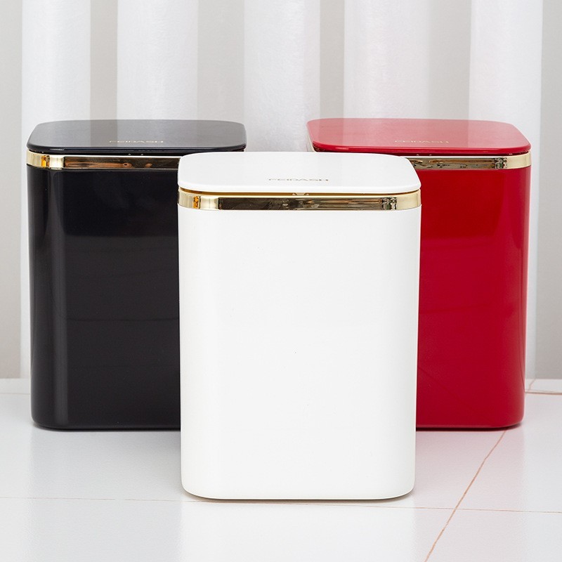 定制金边方形桌面垃圾桶时尚家用亮面塑料带盖按压式垃圾桶图4