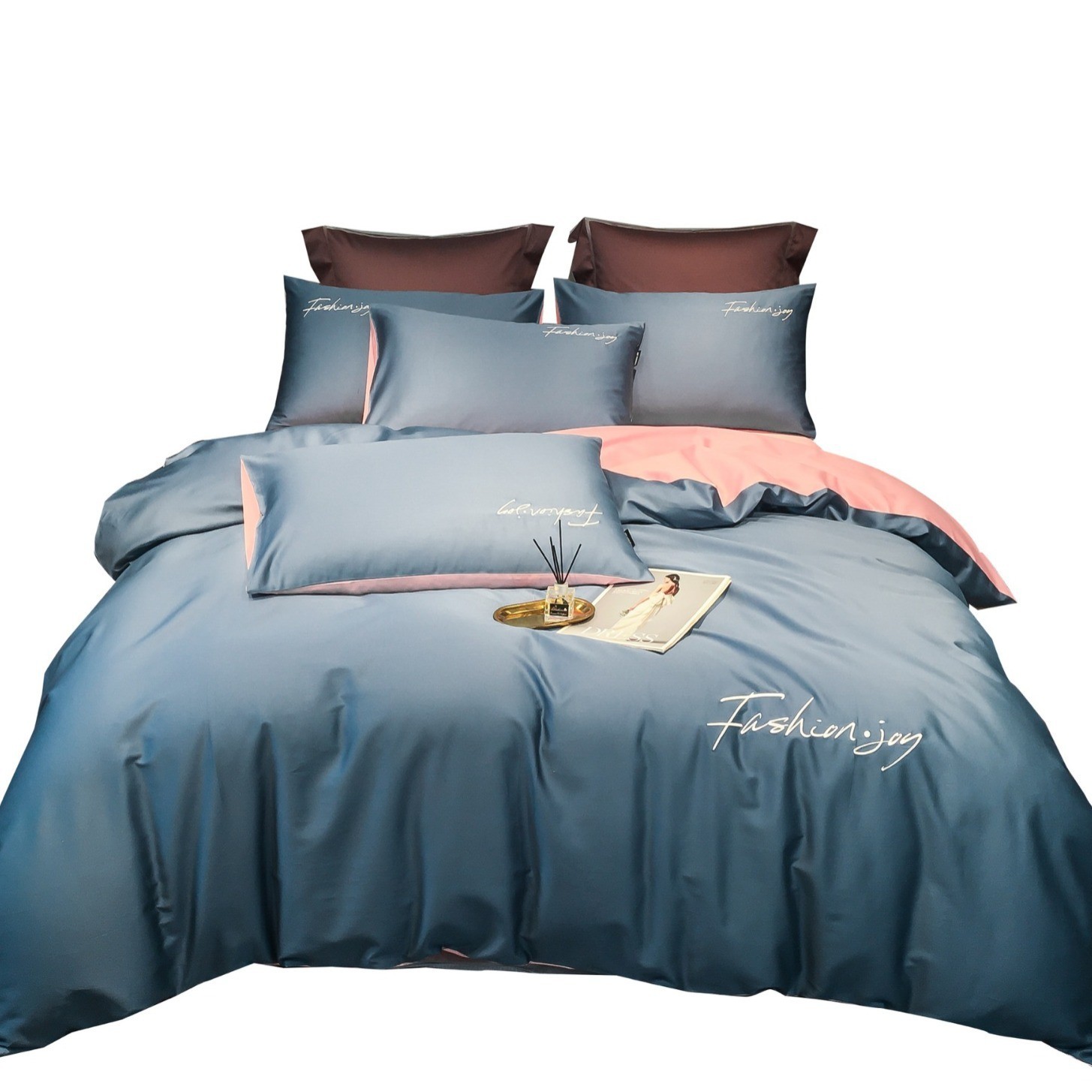 简约纯色60贡缎长绒棉绣花四件套撞色全棉北欧床上用品图5