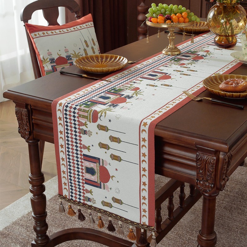 跨境中东月亮节色织提花星星吊灯斋骆驼斋流苏城堡涤纶桌旗床尾旗图4