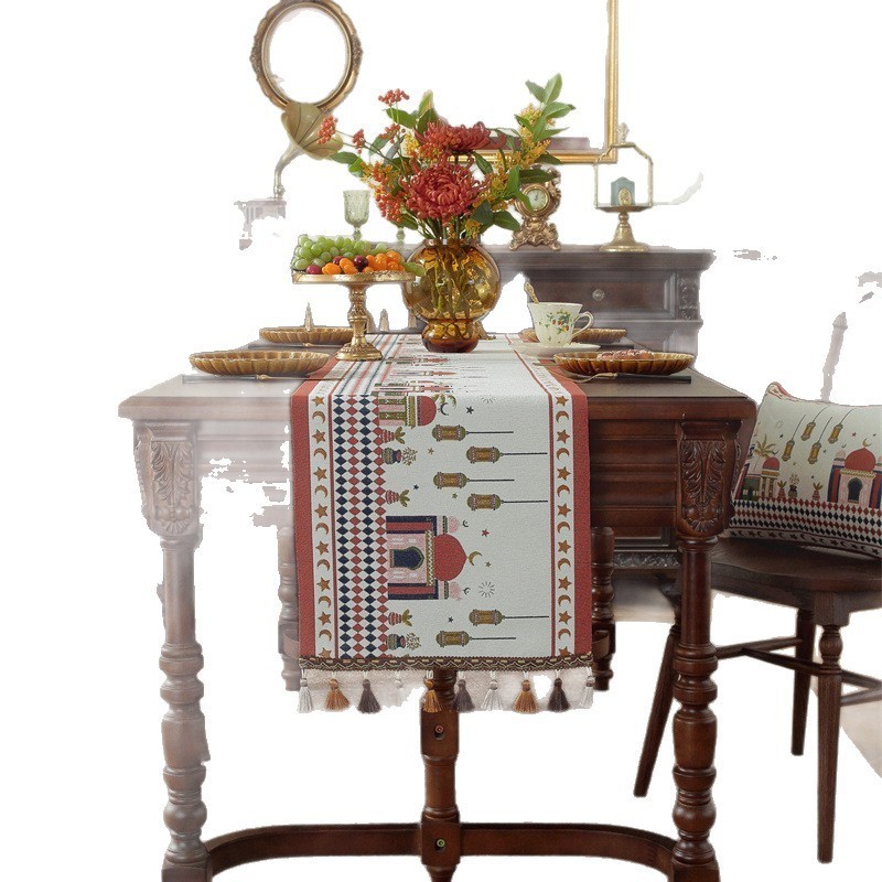 跨境中东月亮节色织提花星星吊灯斋骆驼斋流苏城堡涤纶桌旗床尾旗图5