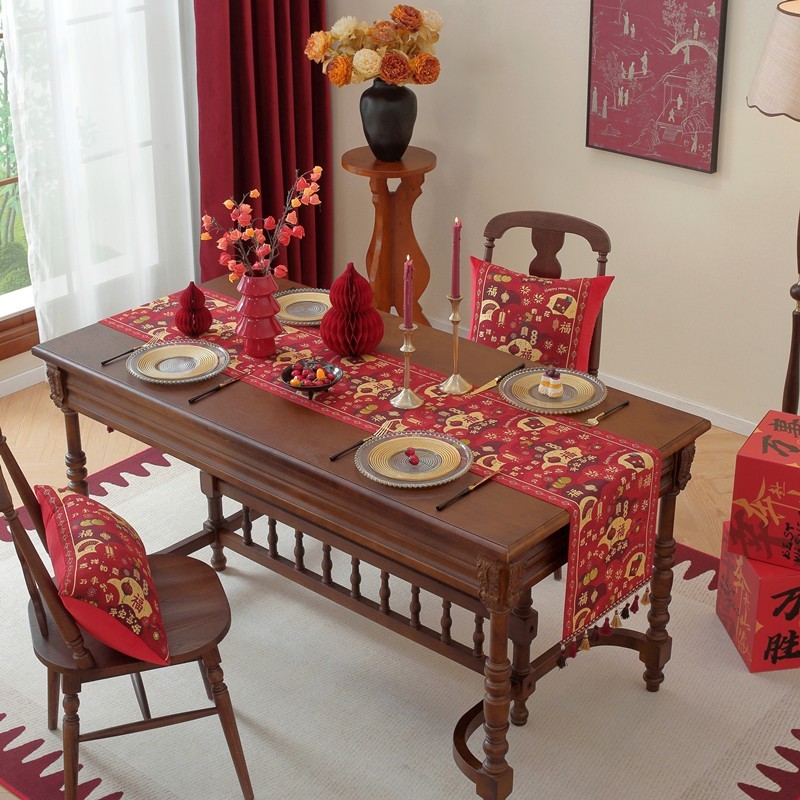 现代色织提花新年喜庆中国风春节装饰流苏涤纶台布桌旗床尾旗抱枕图4