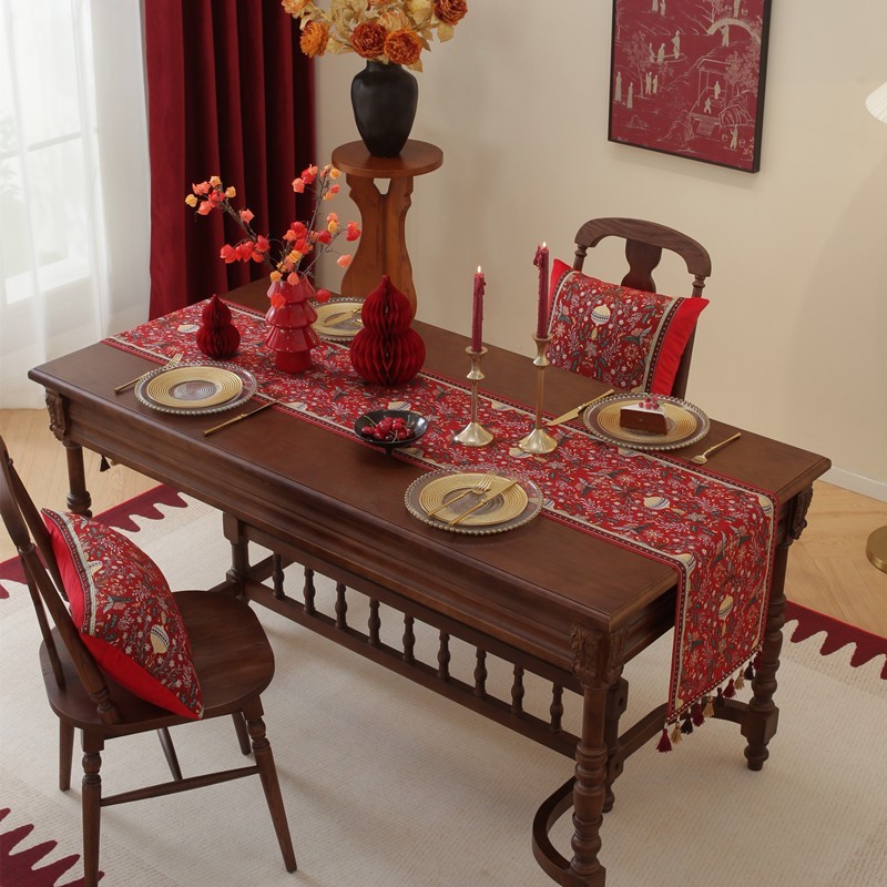 现代色织提花新年喜庆中国风春节装饰流苏涤纶台布桌旗床尾旗抱枕图3