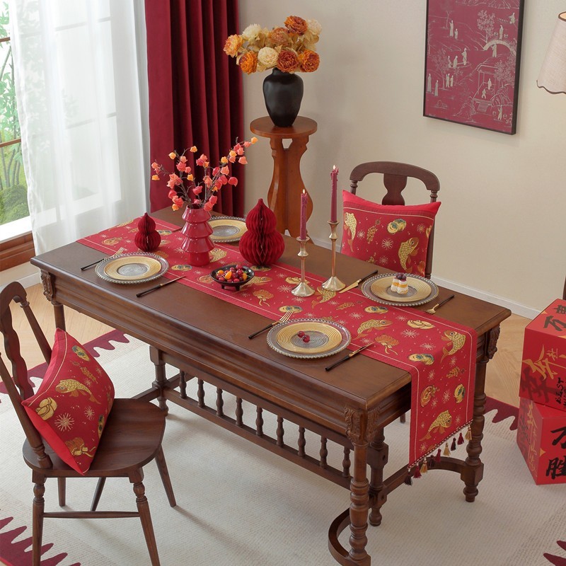 现代色织提花新年喜庆中国风春节装饰流苏涤纶台布桌旗床尾旗抱枕图2