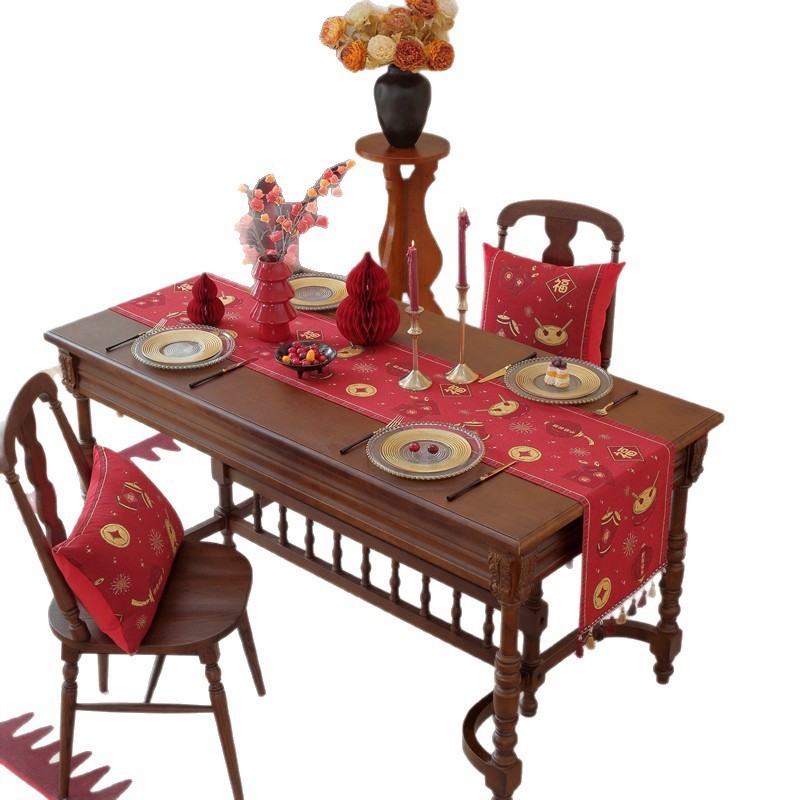 现代色织提花新年喜庆中国风春节装饰流苏涤纶台布桌旗床尾旗抱枕图5