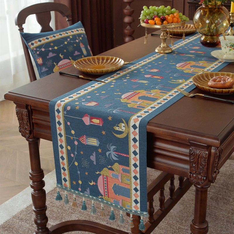 跨境中东月亮节色织提花星星骆驼斋流苏城堡涤纶台布桌旗床尾旗图4