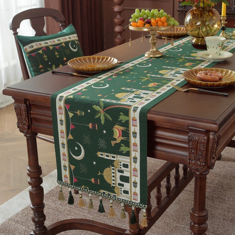 跨境中东月亮节色织提花星星骆驼斋流苏城堡涤纶台布桌旗床尾旗图2
