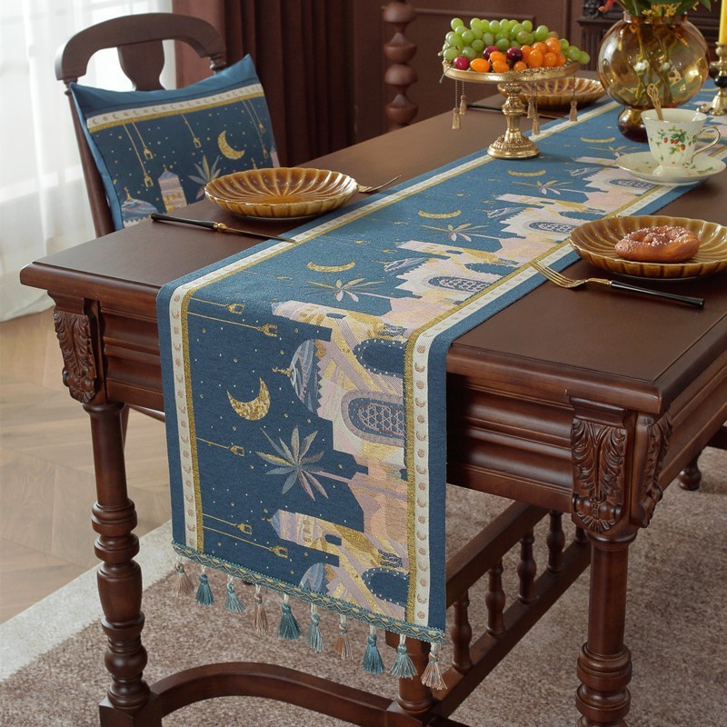 跨境中东月亮节色织提花星星骆驼斋流苏城堡涤纶台布桌旗床尾旗图3