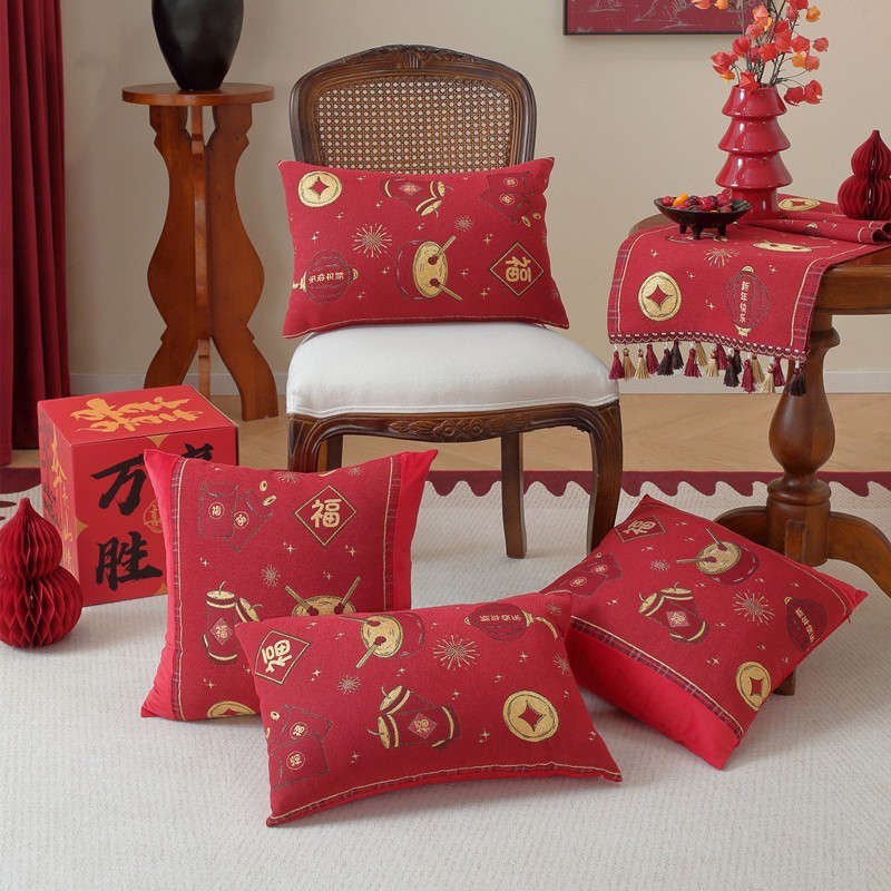新款色织提花新年款喜庆拼接抱枕套客厅沙发靠垫腰枕中式节日装饰图4
