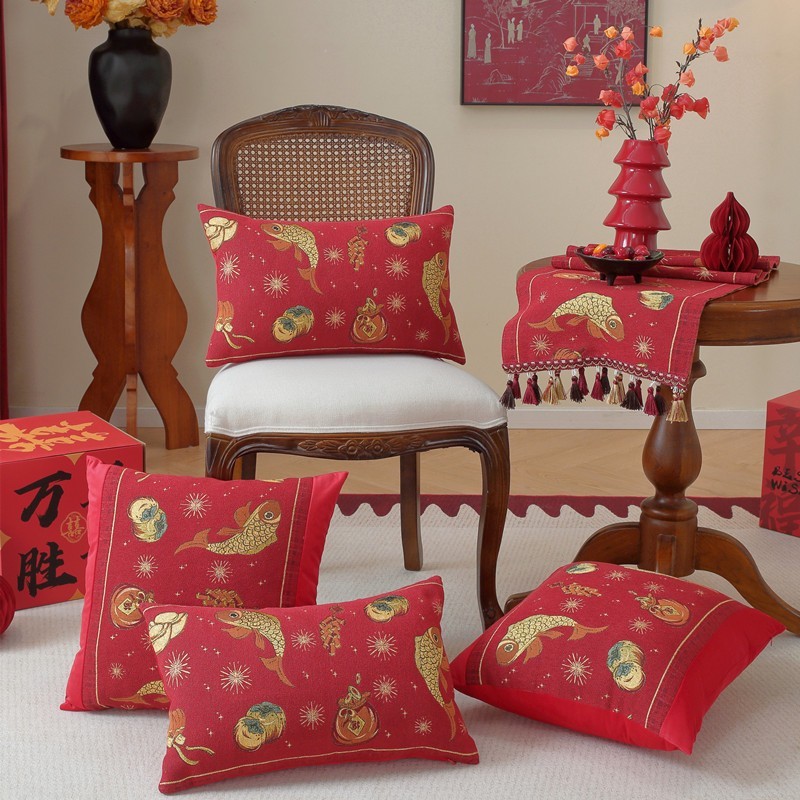 新款色织提花新年款喜庆拼接抱枕套客厅沙发靠垫腰枕中式节日装饰图2