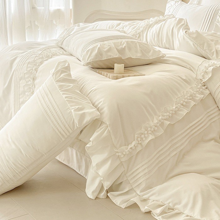 法式感四季款白色100水洗棉花边四件套被套磨毛床单奶油风4ins风图2