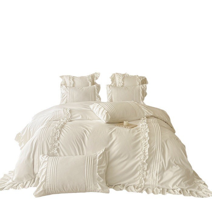 法式感四季款白色100水洗棉花边四件套被套磨毛床单奶油风4ins风图5