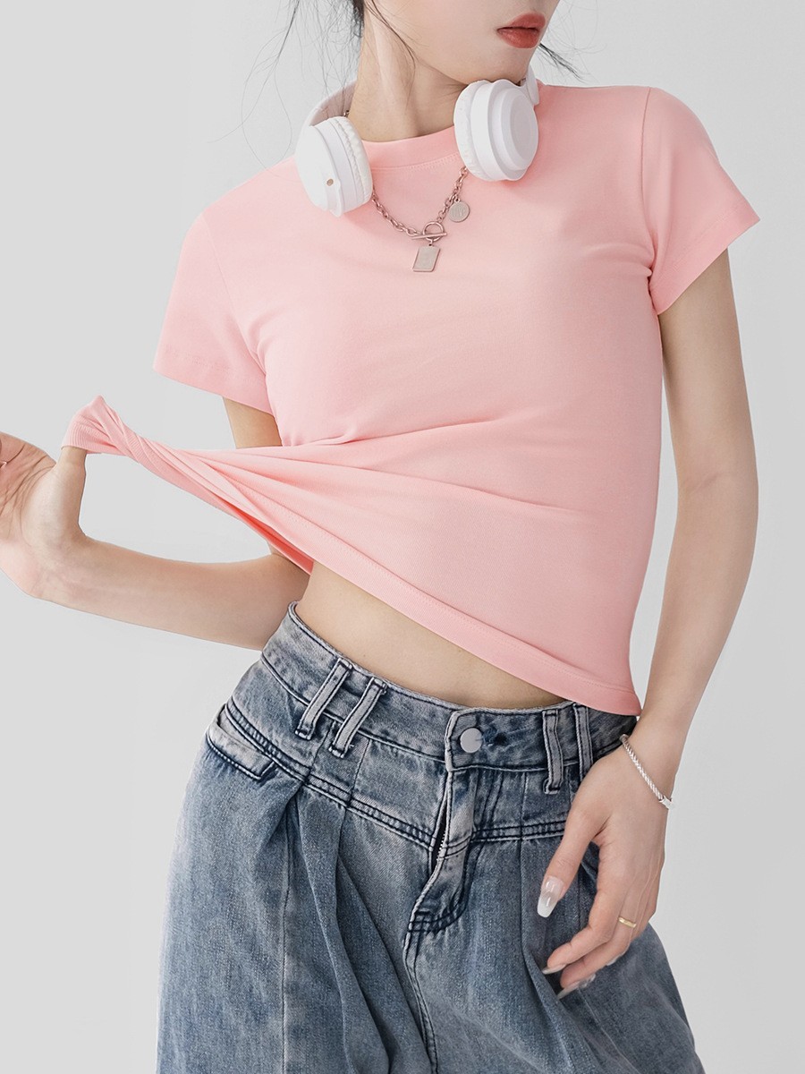 小圆领正肩短袖t恤女式春夏季修身显瘦可外穿高级感辣妹气质上衣图2