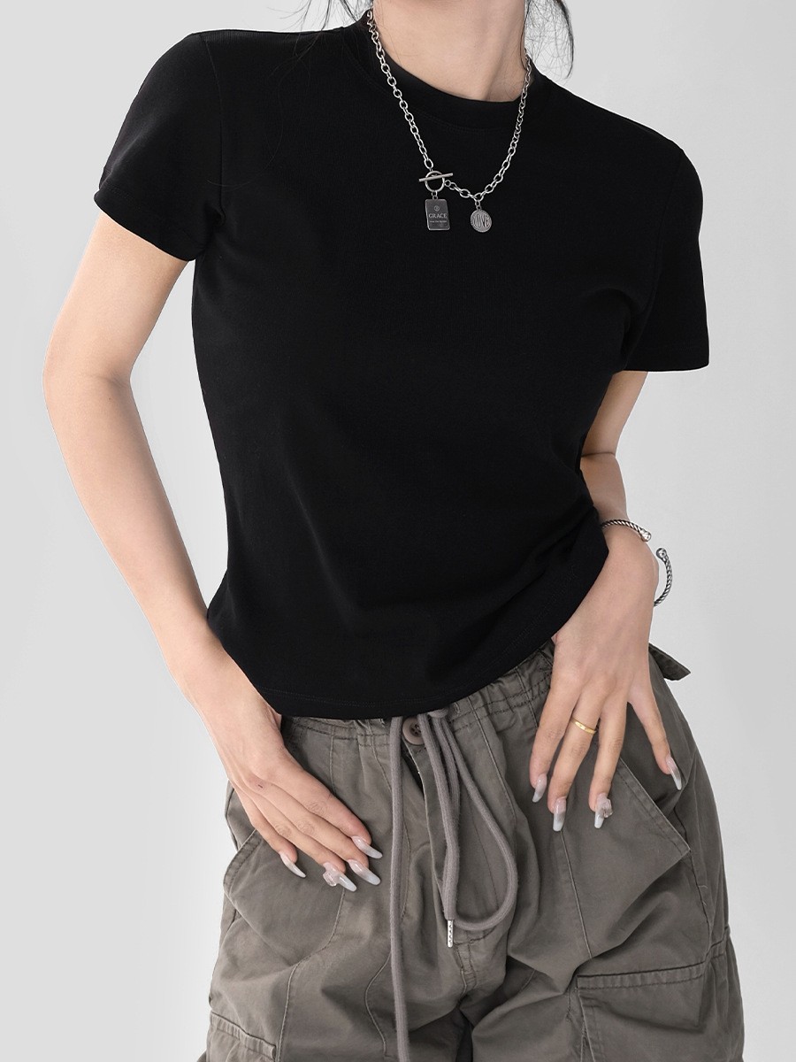 小圆领正肩短袖t恤女式春夏季修身显瘦可外穿高级感辣妹气质上衣图4