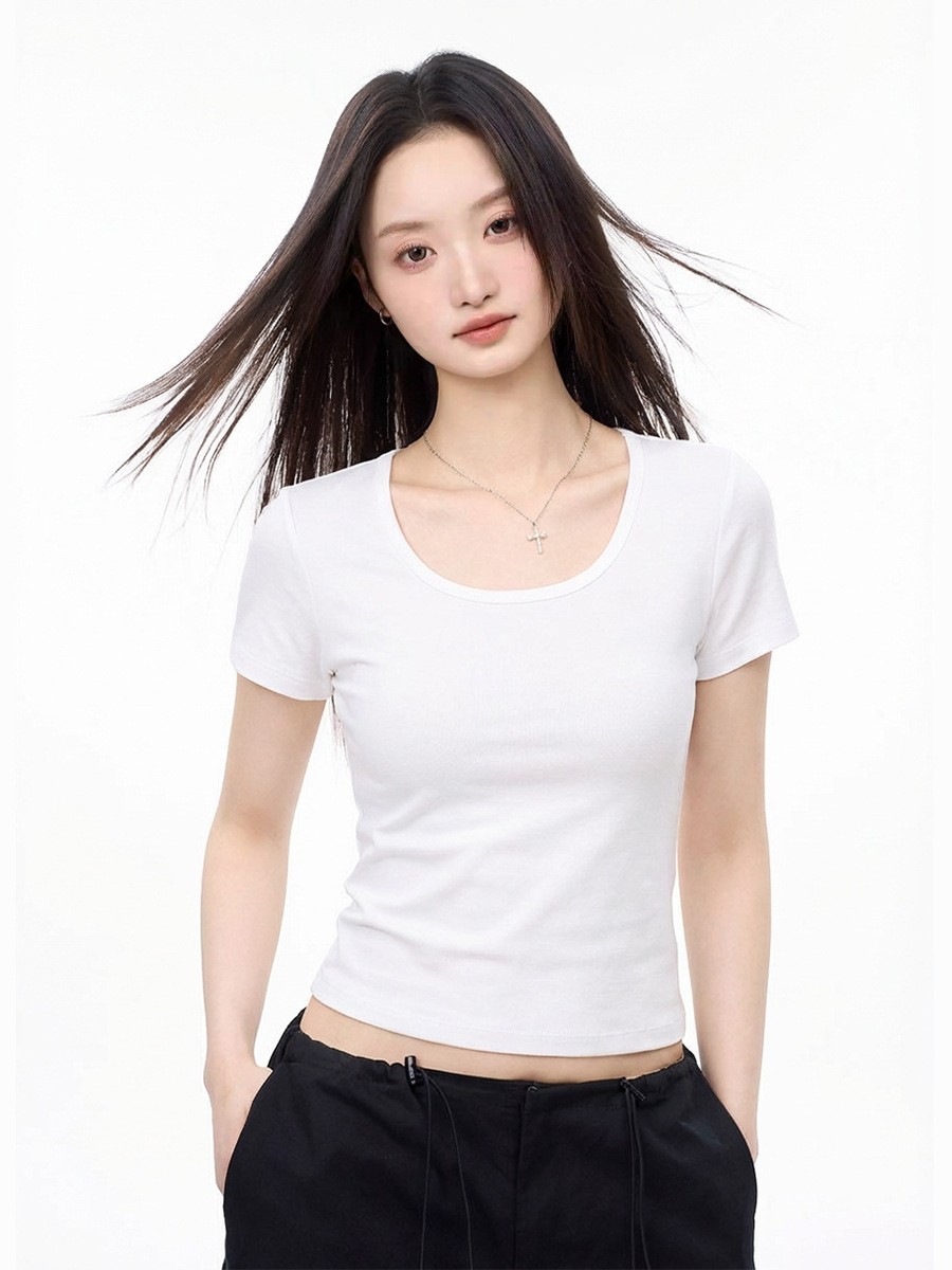 大u领t恤女2025夏季新款修身外穿显瘦正肩纯色短袖弹力薄款上衣潮图2