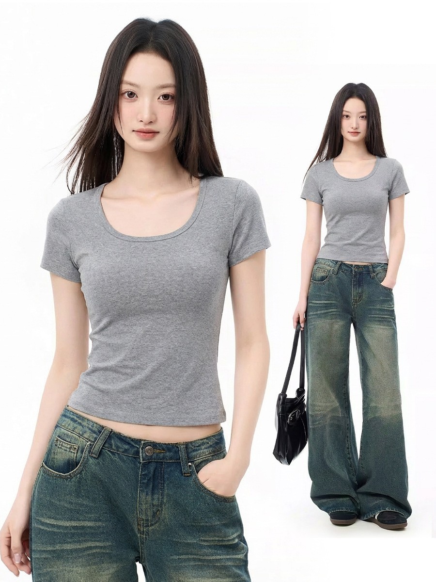 大u领t恤女2025夏季新款修身外穿显瘦正肩纯色短袖弹力薄款上衣潮图4