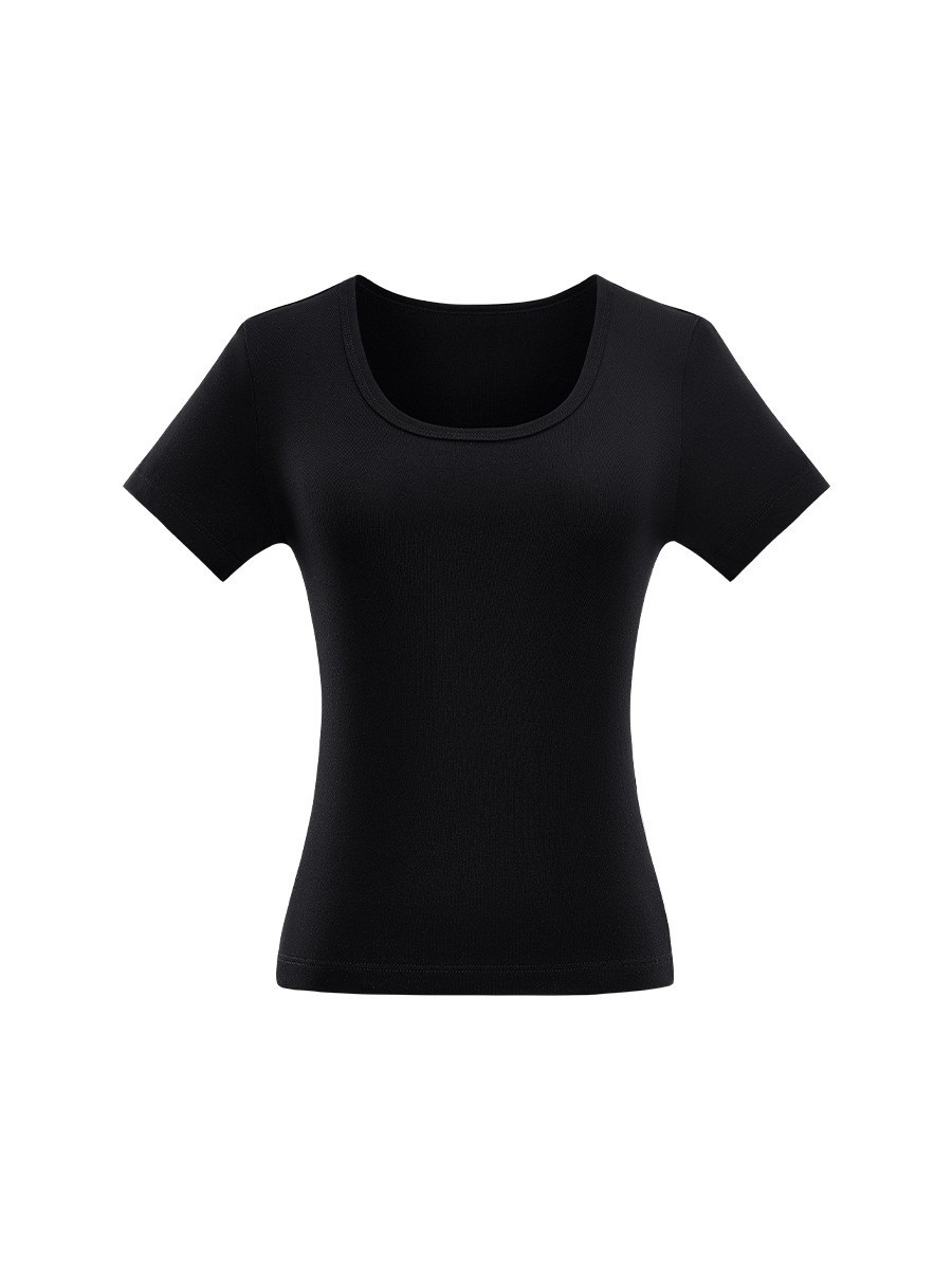 大u领t恤女2025夏季新款修身外穿显瘦正肩纯色短袖弹力薄款上衣潮图5