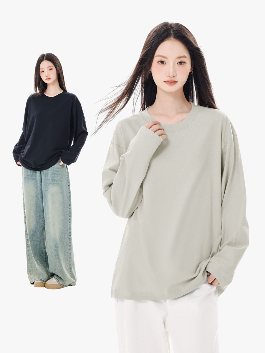 纯棉长袖t恤女2024新款纯色内搭打底衫秋季百搭宽松落肩袖女上衣图4