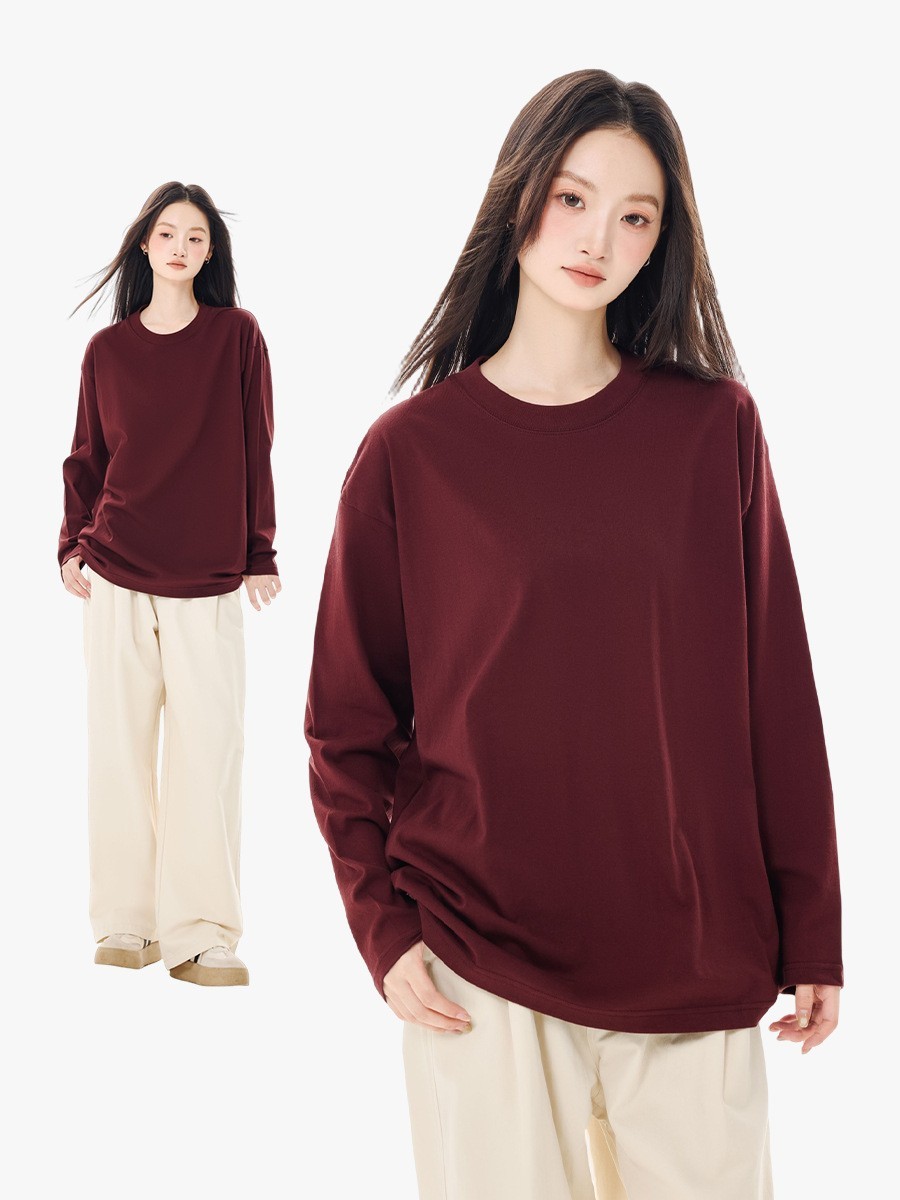 纯棉长袖t恤女2024新款纯色内搭打底衫秋季百搭宽松落肩袖女上衣图2