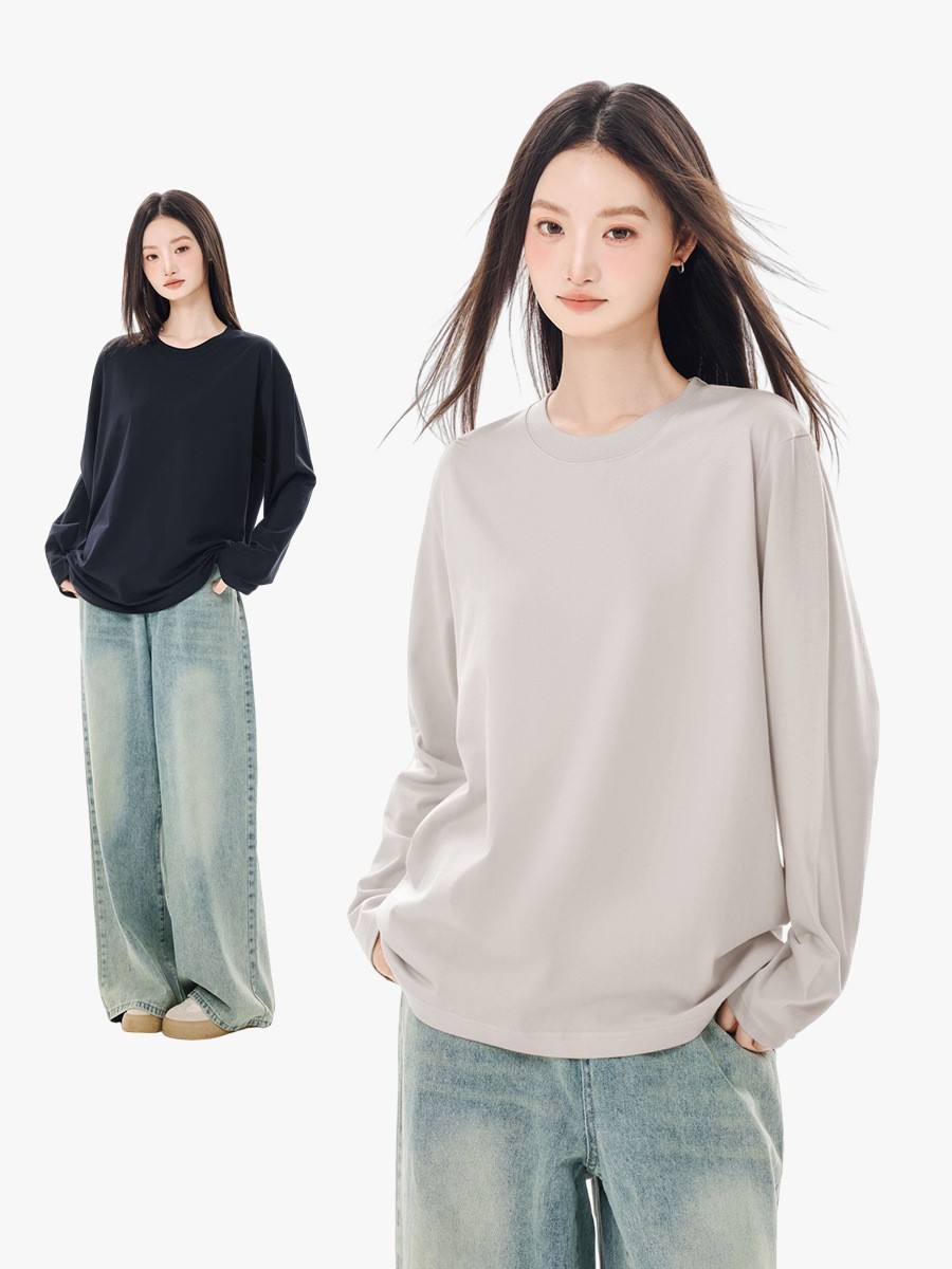 纯棉长袖t恤女2024新款纯色内搭打底衫秋季百搭宽松落肩袖女上衣图3