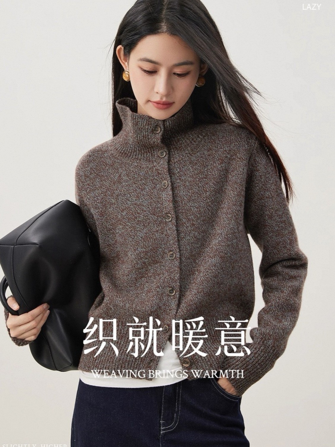 复古松弛~100羊毛点子纱半高领针织开衫短款毛衣女图3