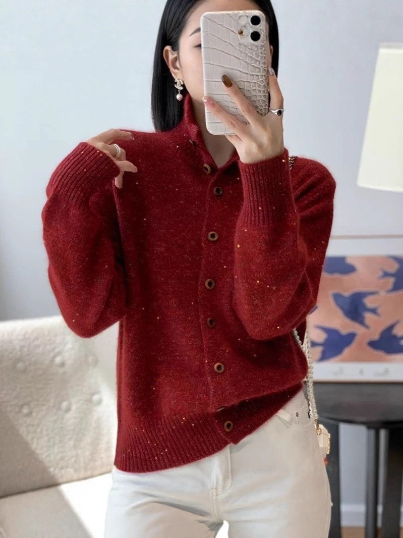 复古松弛~100羊毛点子纱半高领针织开衫短款毛衣女图4