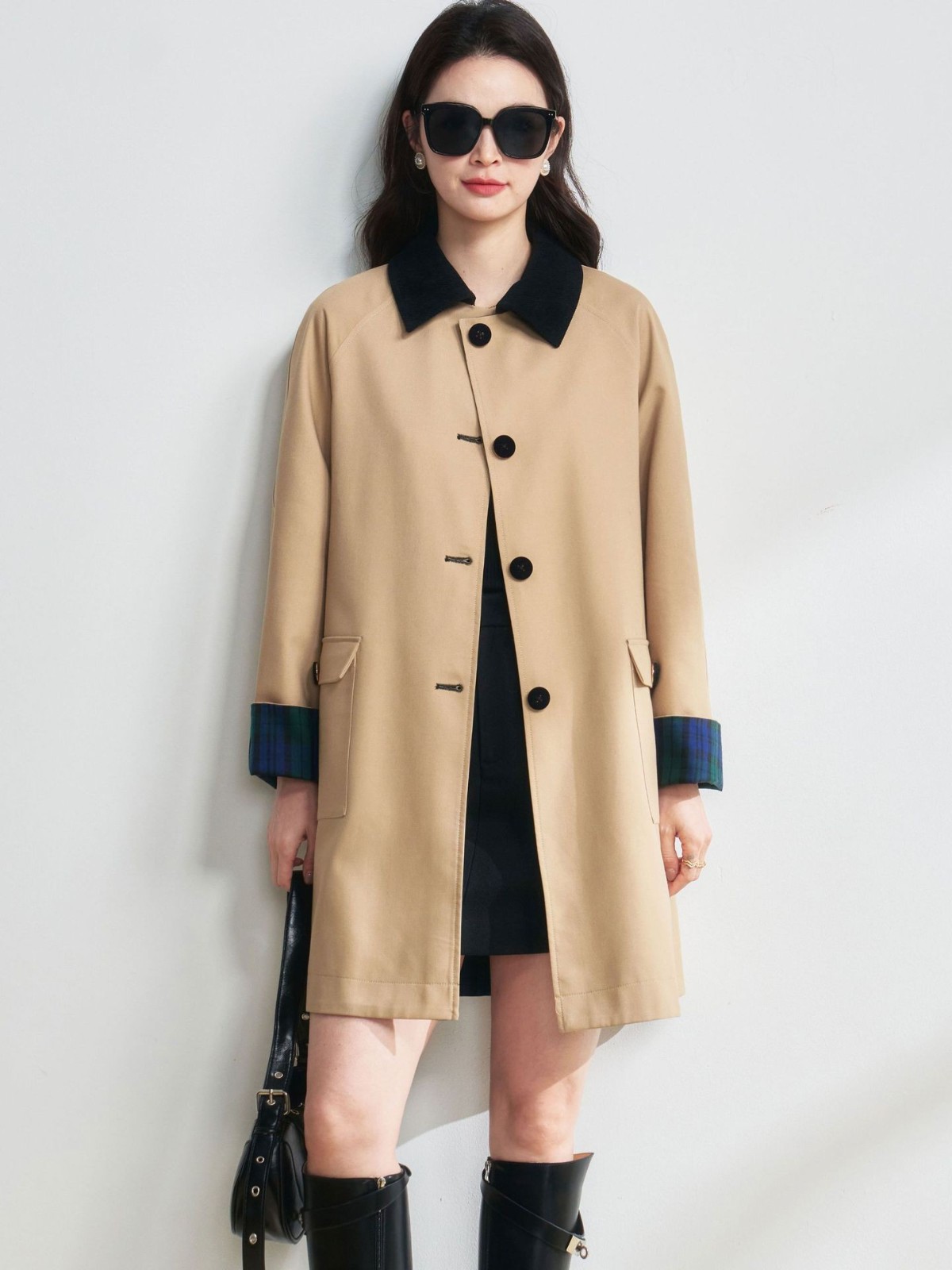 26春新款复古撞色miu系格纹双面穿卡其色中长款减龄风衣外套图5
