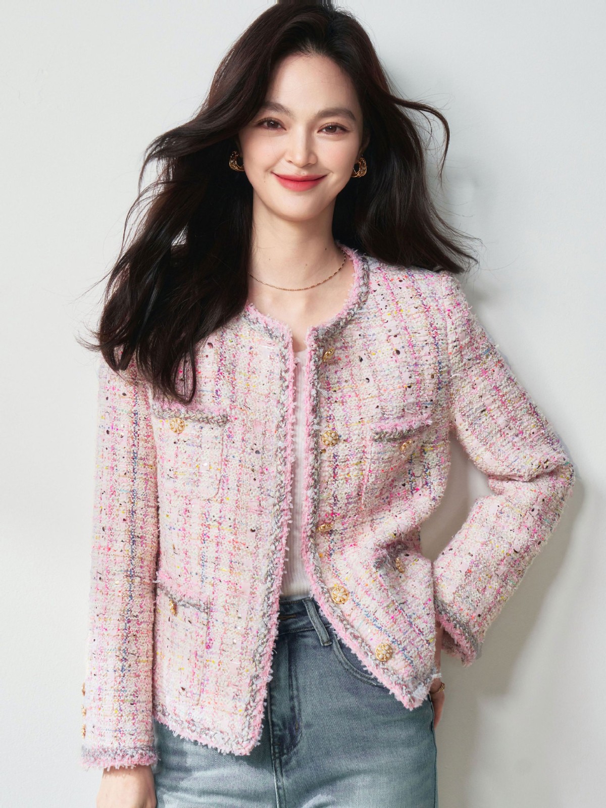 26春季高奢法式千金风浪漫樱花粉羊毛花纱粗花呢小香风外套图4