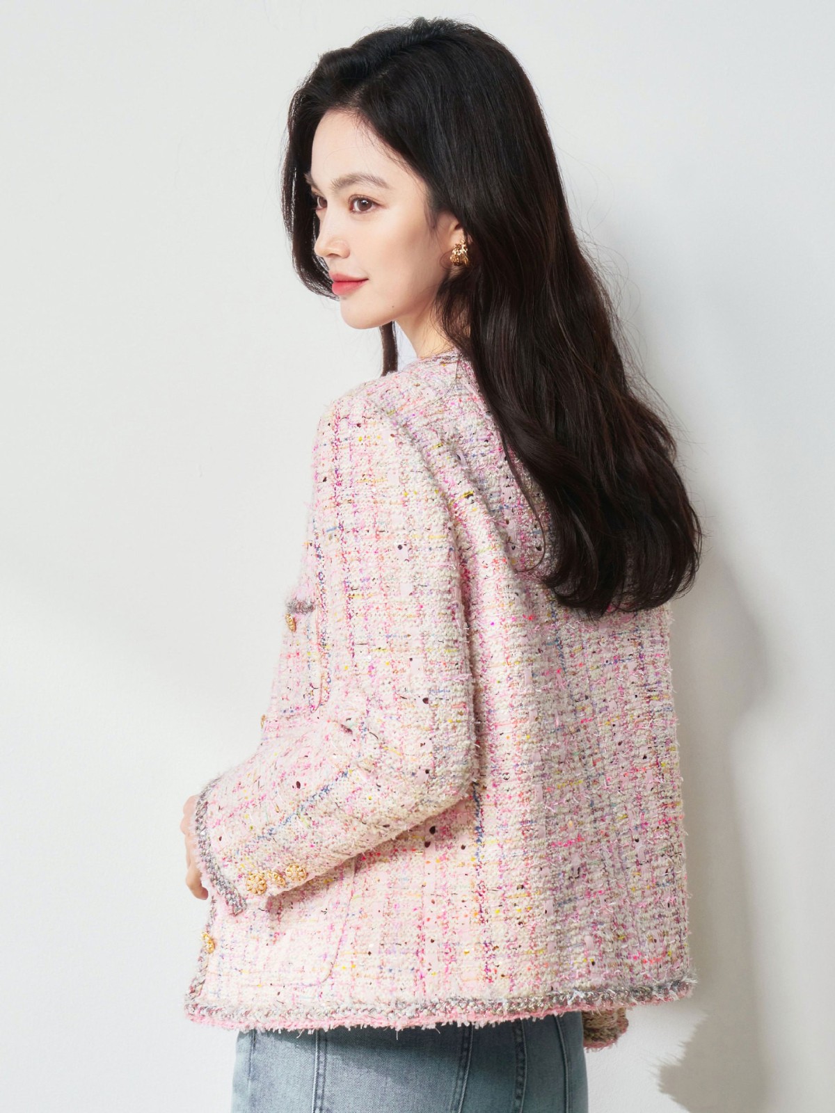 26春季高奢法式千金风浪漫樱花粉羊毛花纱粗花呢小香风外套图3