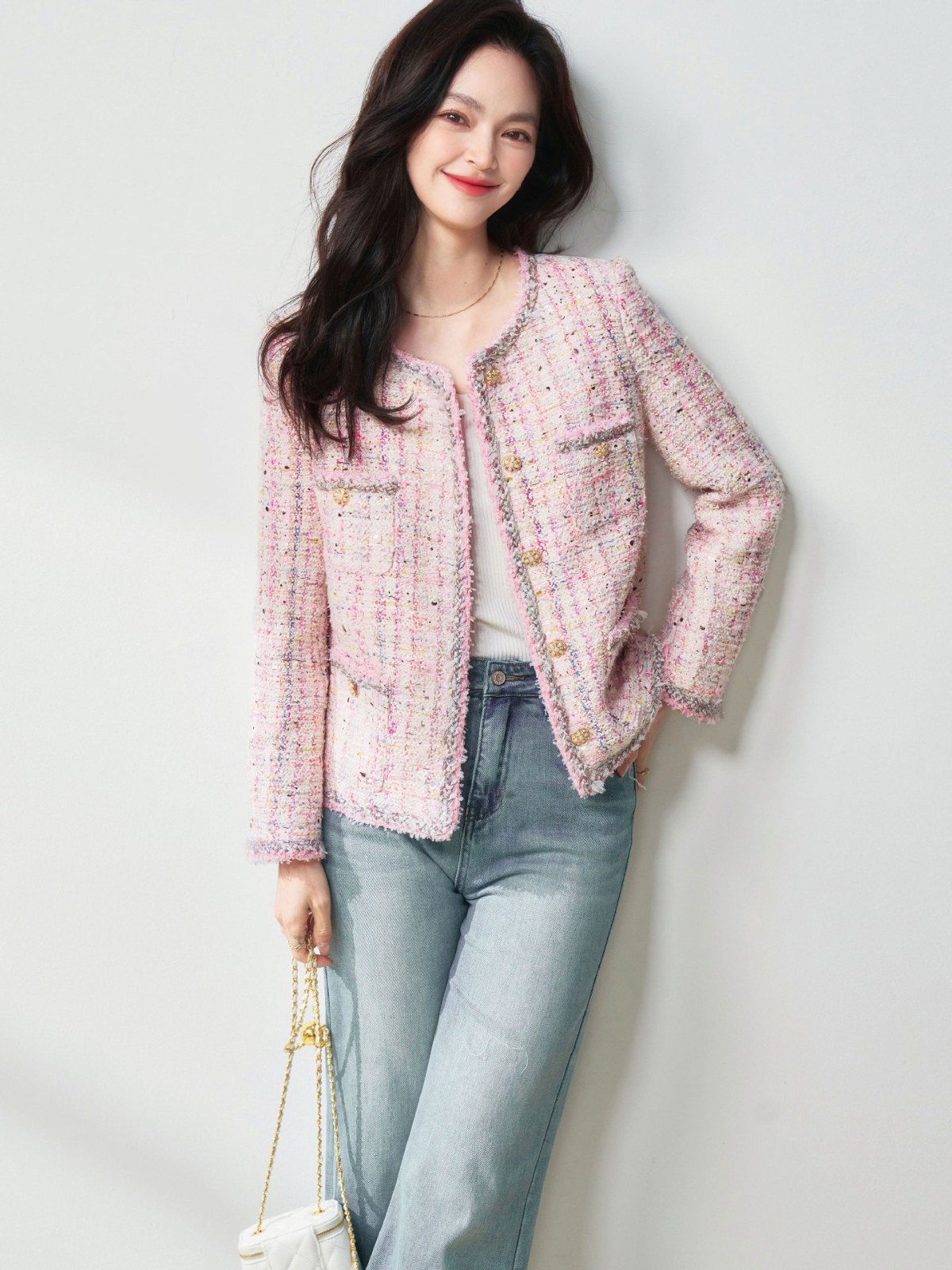 26春季高奢法式千金风浪漫樱花粉羊毛花纱粗花呢小香风外套图2