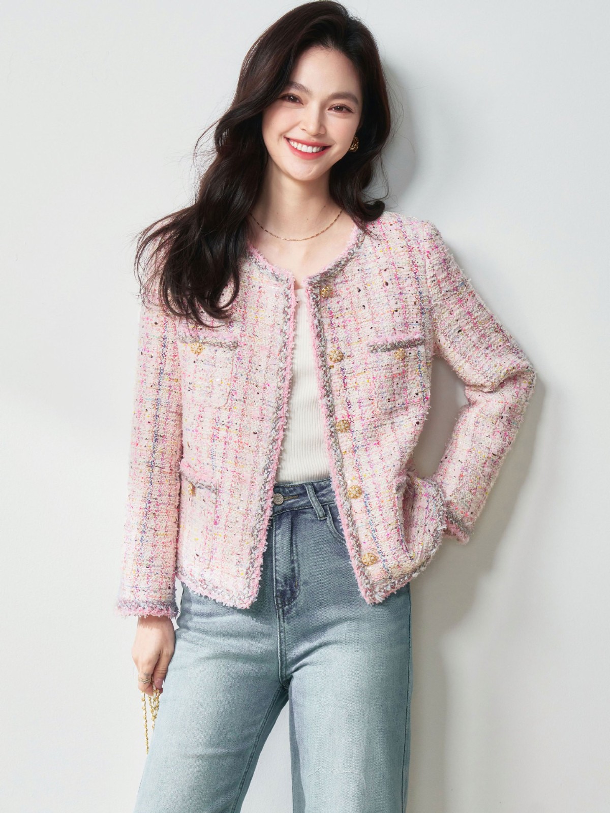 26春季高奢法式千金风浪漫樱花粉羊毛花纱粗花呢小香风外套图5