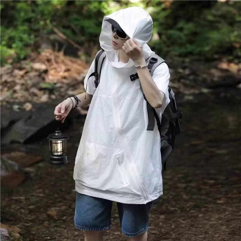 斜拉链感防晒衣马甲男女夏季ins潮宽松cleanfit连帽无袖坎肩背心图2