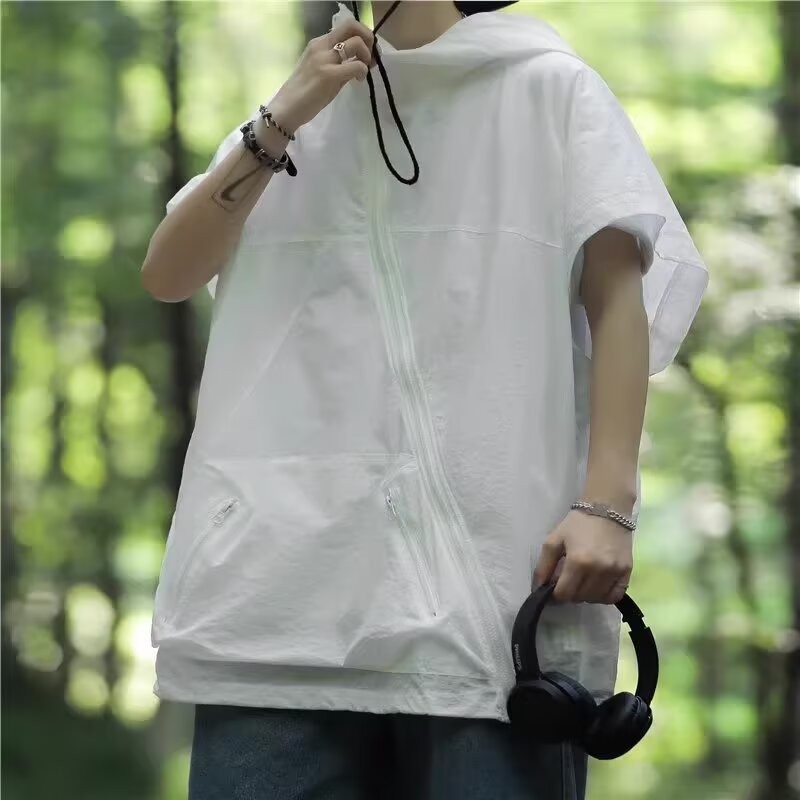 斜拉链感防晒衣马甲男女夏季ins潮宽松cleanfit连帽无袖坎肩背心图4