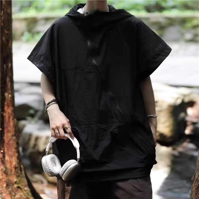 斜拉链感防晒衣马甲男女夏季ins潮宽松cleanfit连帽无袖坎肩背心图3