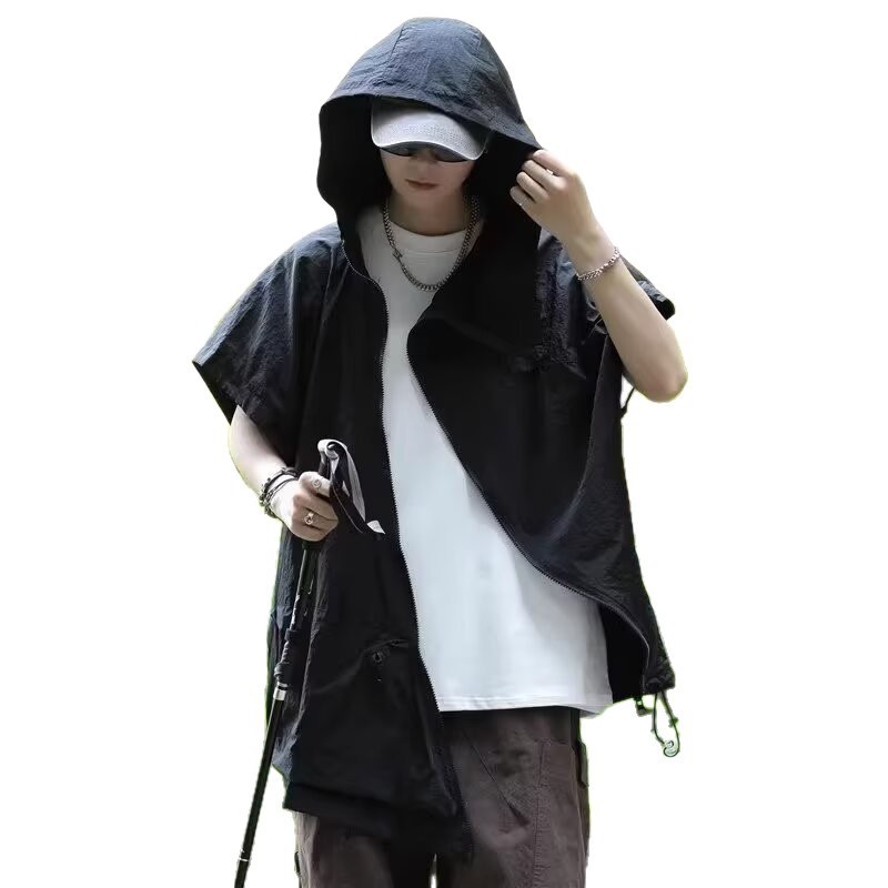 斜拉链感防晒衣马甲男女夏季ins潮宽松cleanfit连帽无袖坎肩背心图5