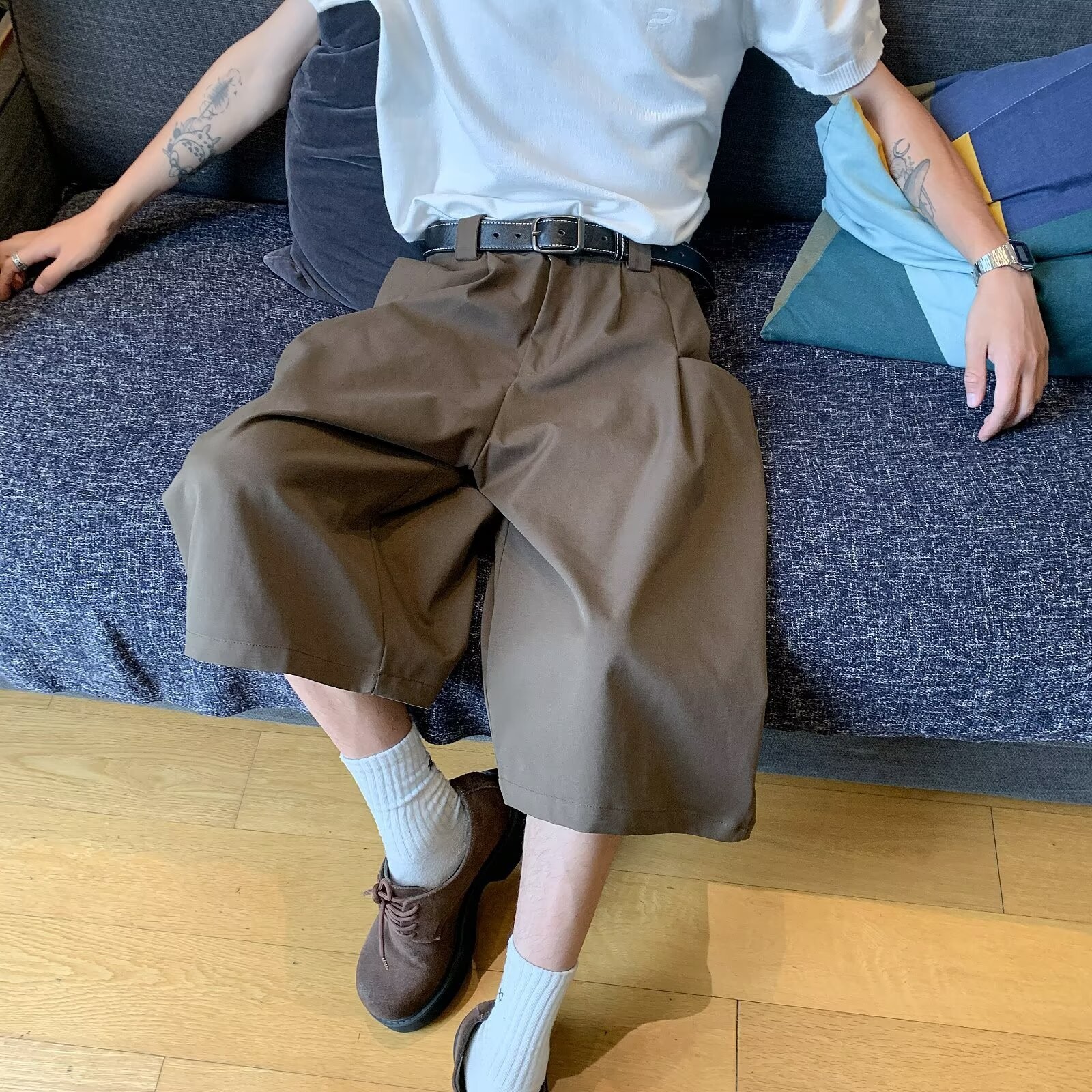 夏季日系复古咖啡色休闲西裤七分裤男女宽松设计感直筒裤阔腿裤潮图2