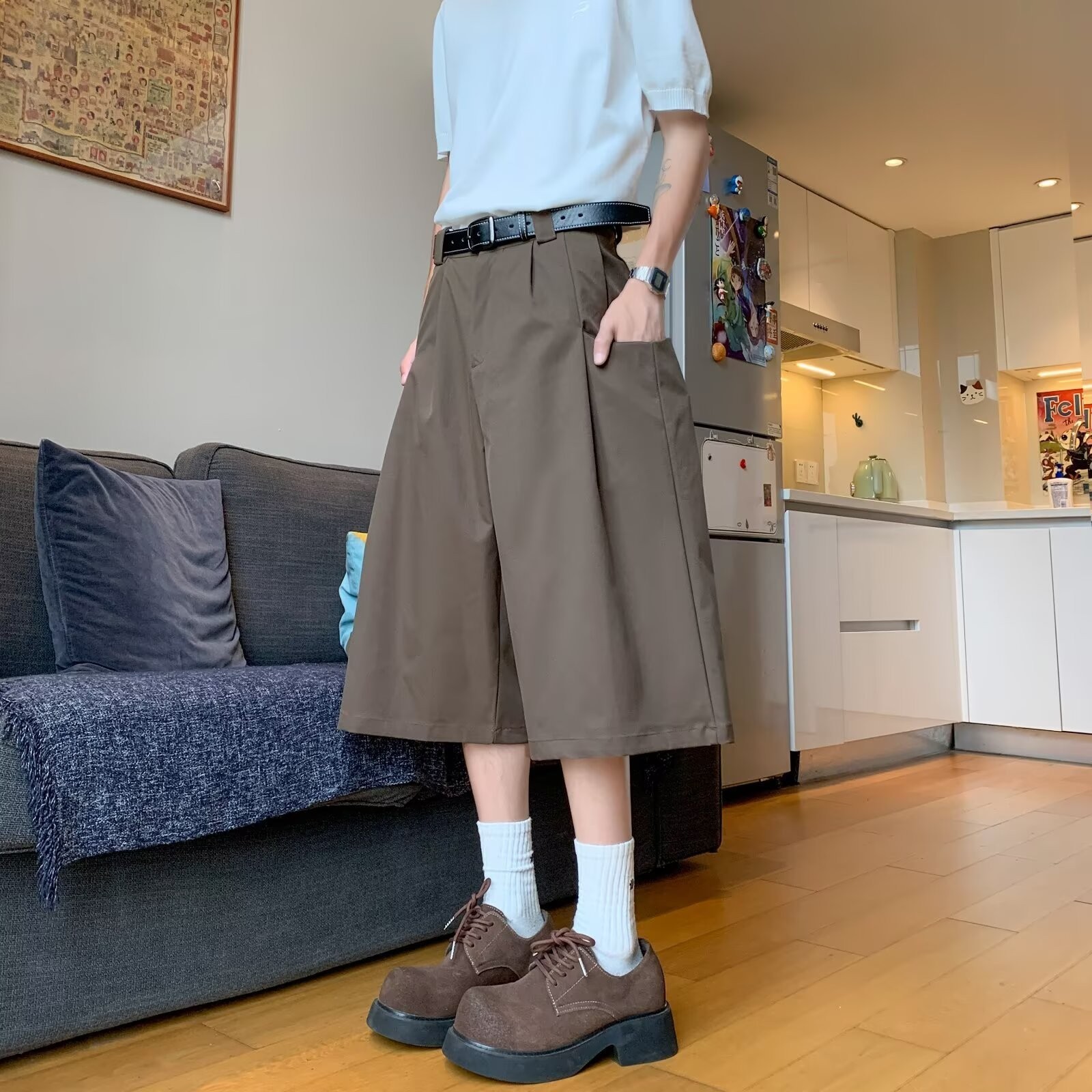 夏季日系复古咖啡色休闲西裤七分裤男女宽松设计感直筒裤阔腿裤潮图3