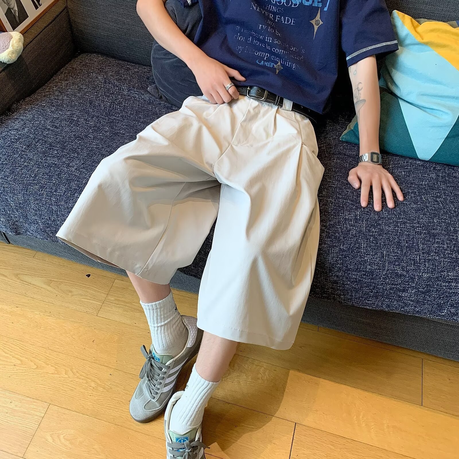 夏季日系复古咖啡色休闲西裤七分裤男女宽松设计感直筒裤阔腿裤潮图4